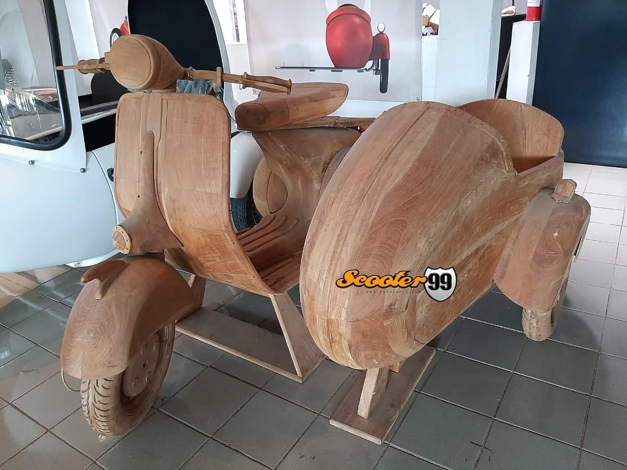 Wooden Vespa with Sidecar by Scooter99 — handcrafted teak display
